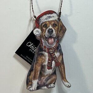 Beagle Dog Wooden Christmas Ornament Plaid Scarf Santa Hat 5 1/4" x 3" New